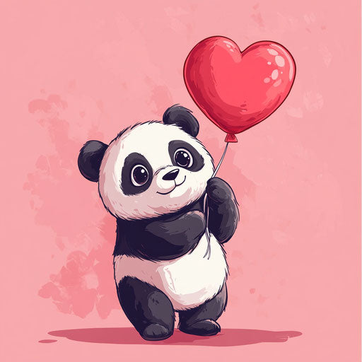 Panda holding heart-shaped balloon on pink background