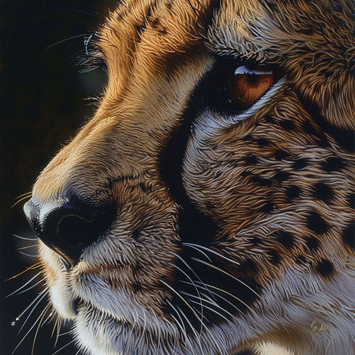 Close-up of a cheetah's face, details of whiskers and spots highlighted by soft morning light.