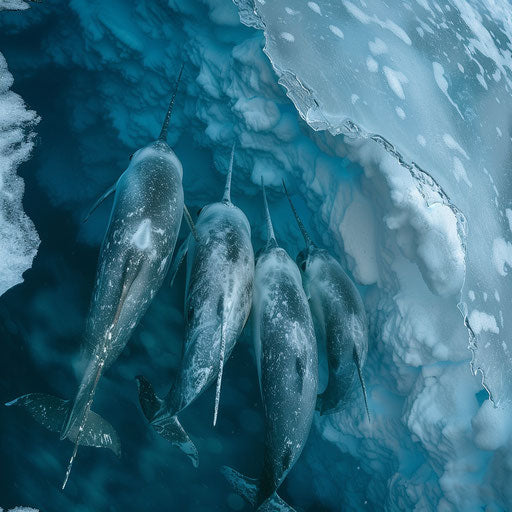 A group of narwhals migrating under the ice, visible through a clear blue lead