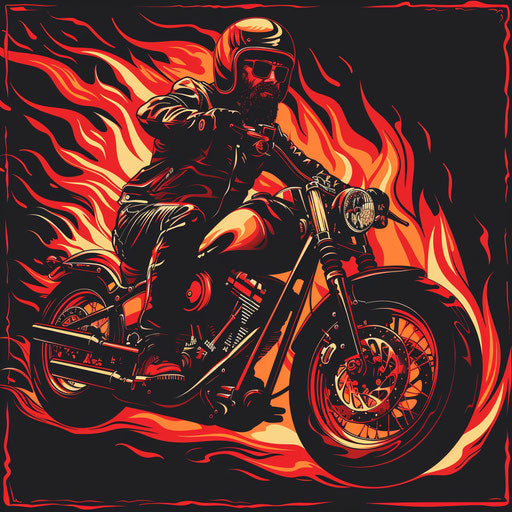 Flat tattoo sketch of biker with fiery flames and bold red and orange colors