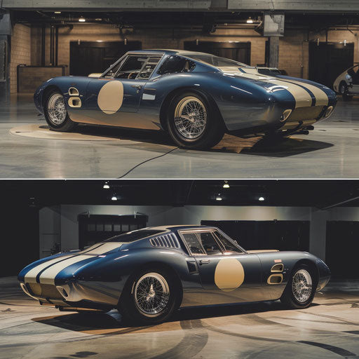Shelby Daytona with a split personality paint job, half classic and half modern, showcasing the evolution of design