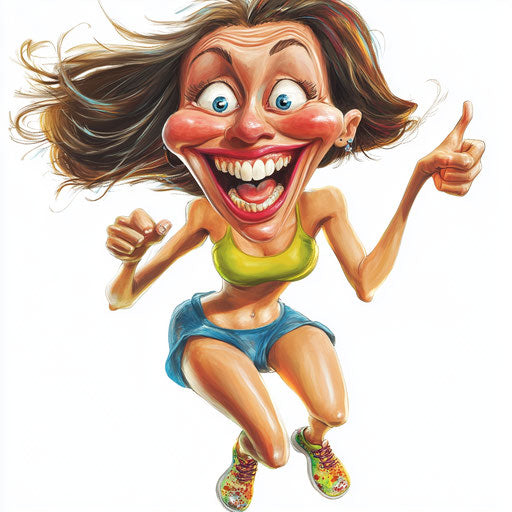 Humorous caricature of a beauty illustration with human features, exaggerated large nose, toes feet, mid-jump, vibrant colors, cartoon style, pointing, high-resolution, no background, isolated -c 40