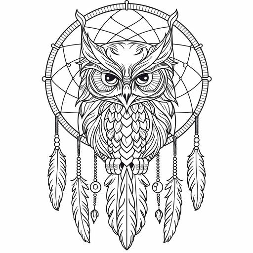 Dream catcher with owl and feathers coloring page