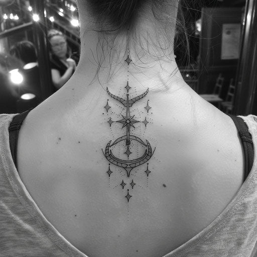 Bold flat tattoo sketch of the Aquarius constellation with dramatic, high contrast star points