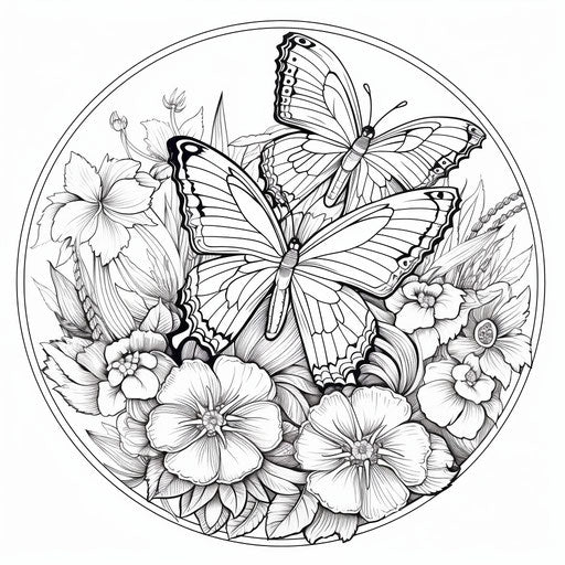 Adult coloring pages with flowers framed around the butterfly and butterflies, in the style of #screenshotsaturday, delicate markings
