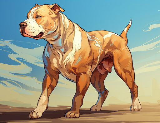 A brown and white pit bull walking in light maroon and light gold style