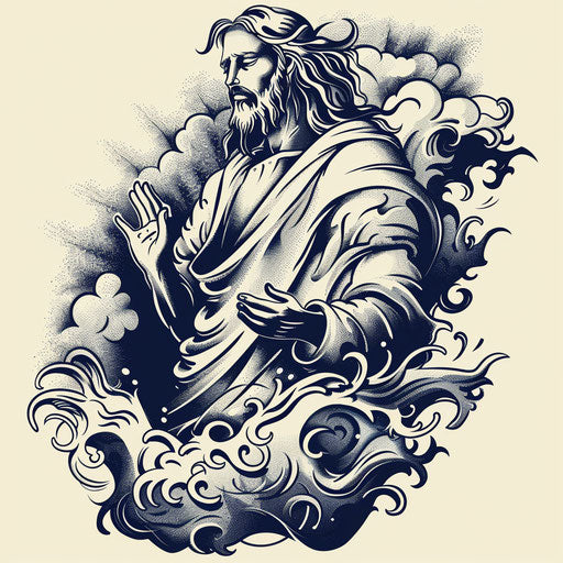 Jesus calming the storm with playful waves and clouds