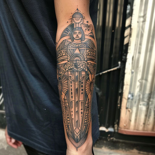 Tribal arm tattoo in the style of Adrian Smith