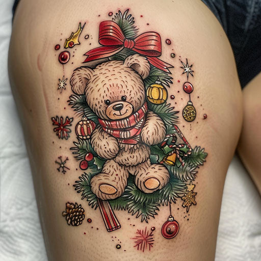 Festive teddy bear tattoo with Christmas decorations
