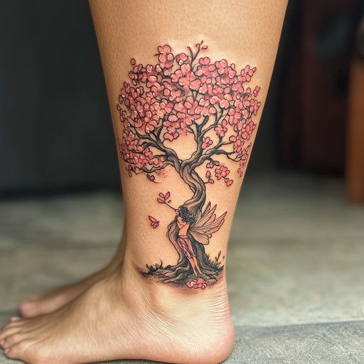 Cherry blossom tree tattoo in the style of Humberto Ramos with whimsical fairy on the ankle