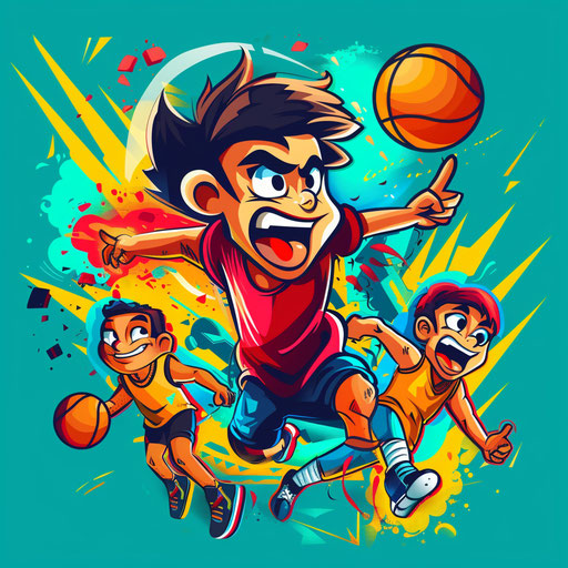 Cartoon logo with sports theme, energetic characters and bright colors