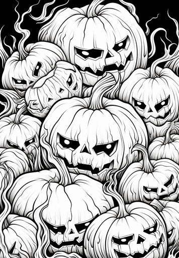 Halloween pumpkins coloring page, in piles/stacks style, precisionist