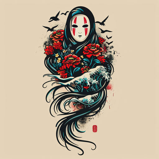 Flat tattoo sketch of No-Face from Spirited Away