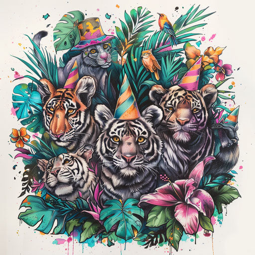 Playful tattoo sketch of a jungle scene with animals wearing party hats, colorful clipart style