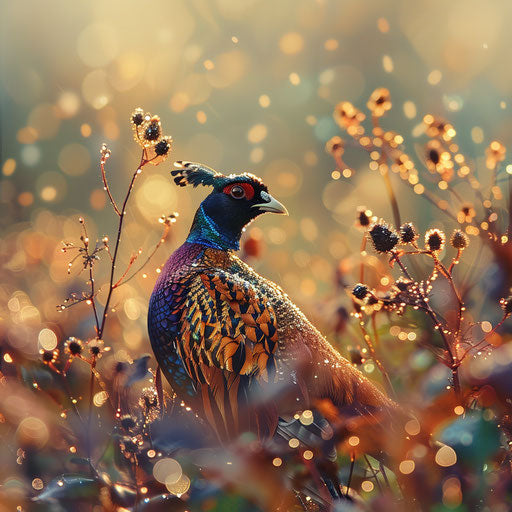 Pheasant surrounded by dew-covered plants