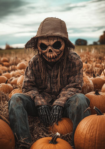 Scarecrow in a pumpkin patch, hyper-realistic photography style