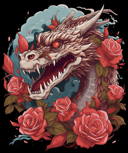 Dragon and roses in the chinapunk and traditional style
