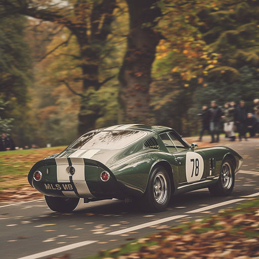 Shelby Daytona in classic British racing green paint and white stripes, competing in a vintage car rally