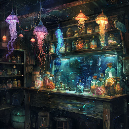 The mythical potion shop with jars of jellyfish essence for magical remedies