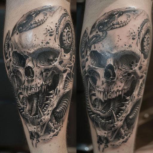 Dark and surreal biomechanical tattoo