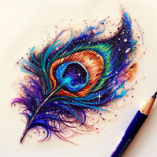 Cosmic peacock feather tattoo sketch with starry elements and galactic colors