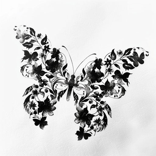 Blackwork butterfly silhouette filled with floral patterns, chic tattoo design, on a clean white surface.