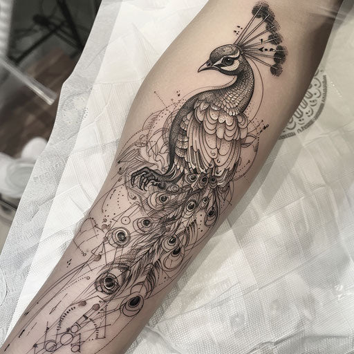Biomechanical peacock tattoo, fusion of organic and mechanical elements on white canvas