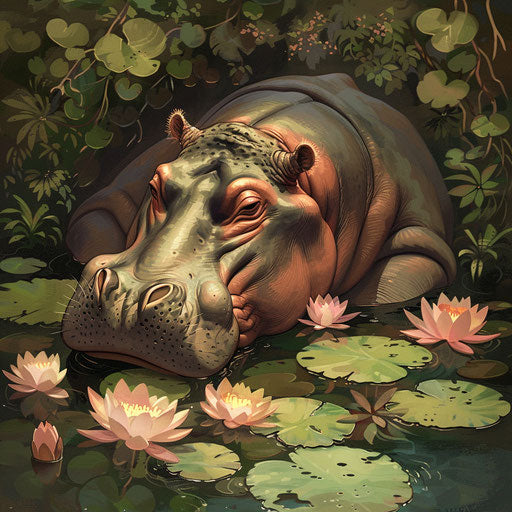 Hippo basking in water pool with lilies and lotuses