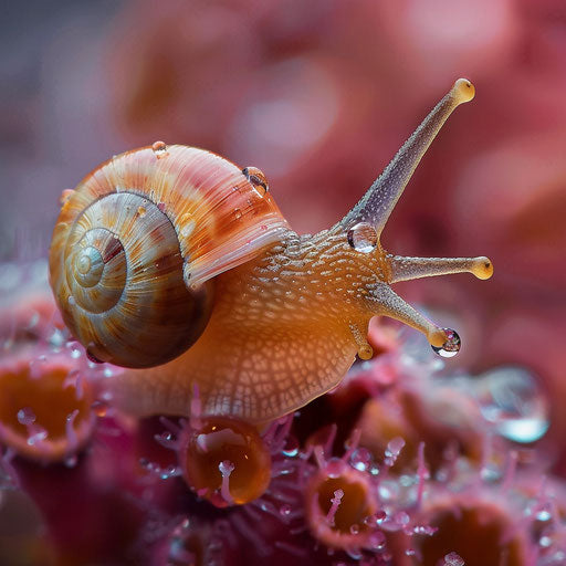 Snail with a raindrop on its shell, in the style of Roeselien Raimond