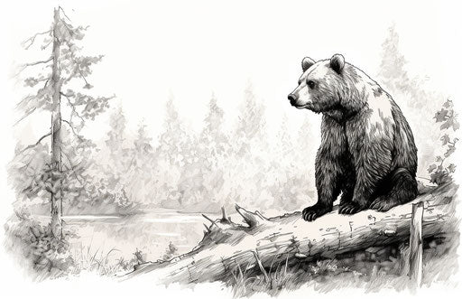 Bear near a branch in a forest, heavy inking style