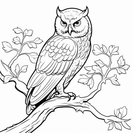 Owl on branch, coloring pages, anne stokes style, realistic