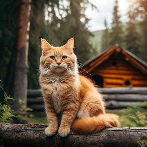 Orange cat in front of a log cabin