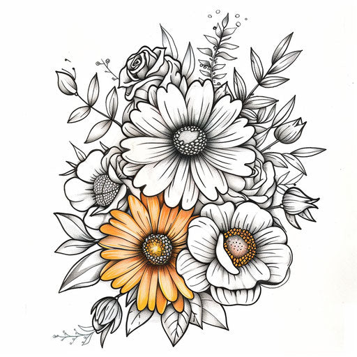 Cultural flat tattoo sketch of a birth flower bouquet with traditional styled roses and calendulas