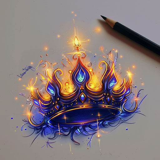 Flat tattoo sketch of a neon crown with royal blue and gold light effects