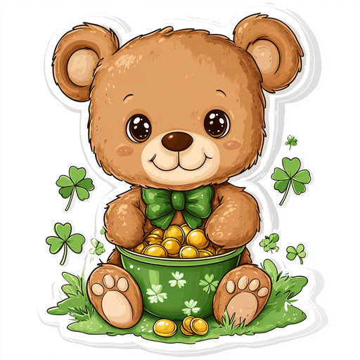 Sticker Design: Cute Teddy Bear in green St. Patrick's Day with a pot of gold and shamrocks around him on white background