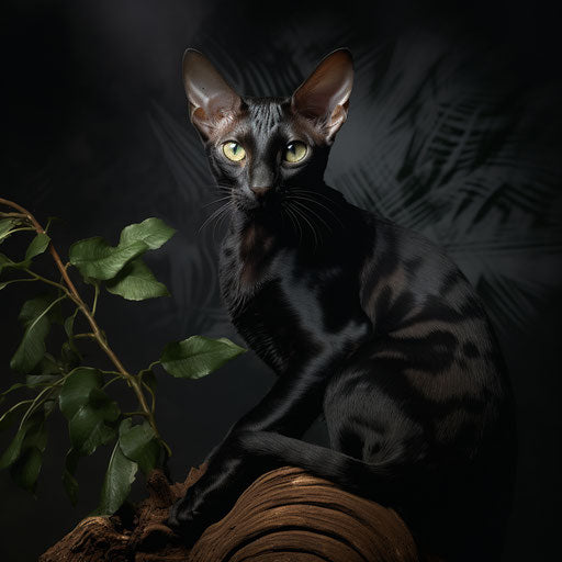 Oriental shorthair cat lying on a tree branch
