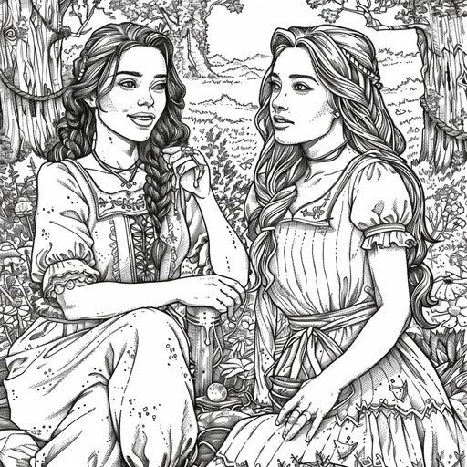 Best friends with enchanted background, in the style of Jan Brett, Coloring book page
