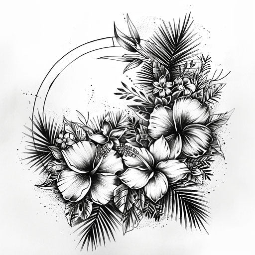 Vibrant tattoo sketch of circle with burst of tropical flowers