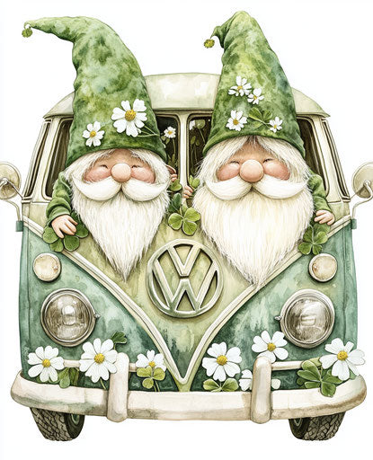 Green hippie gnome couple driving an old Volkswagen van