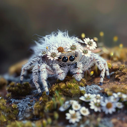 Cute spider playing with small flowers