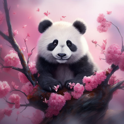 Panda sitting on a pink tree with pink blossoms