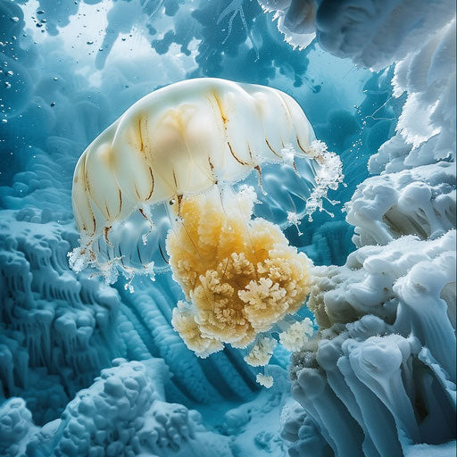 Polar jellyfish under ice with underwater ice structures