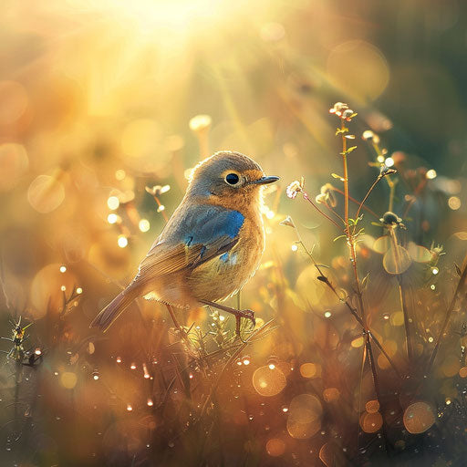 Bluebird in a sunlit meadow with soft lighting