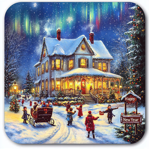 Snowy Christmas house with northern lights and celebrations