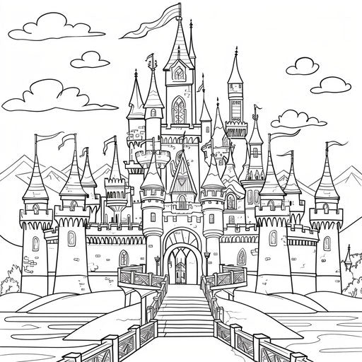 Grand castle with turrets and flags surrounded by a moat. Coloring book page