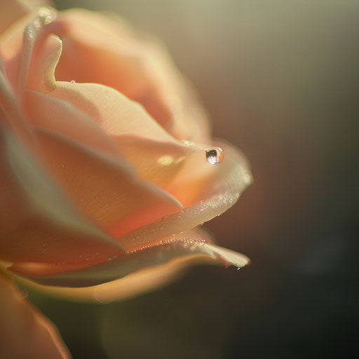 Delicate pink rose and dew drop, evoking tender love