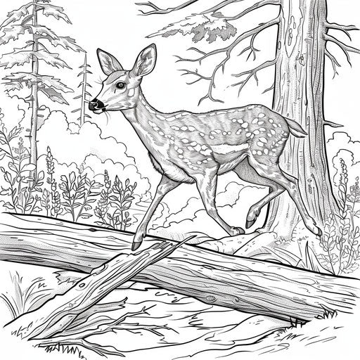 A deer jumps over a fallen log in the woods