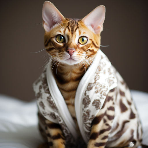 Bengal cat looking at the camera in white coat