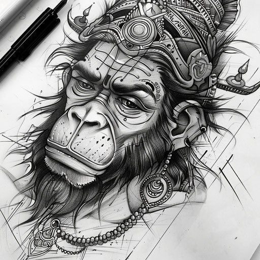 Classic flat tattoo sketch of Hanuman with detailed face depiction