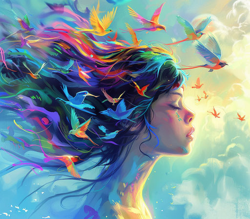 Girl with colorful hair and bright flying birds